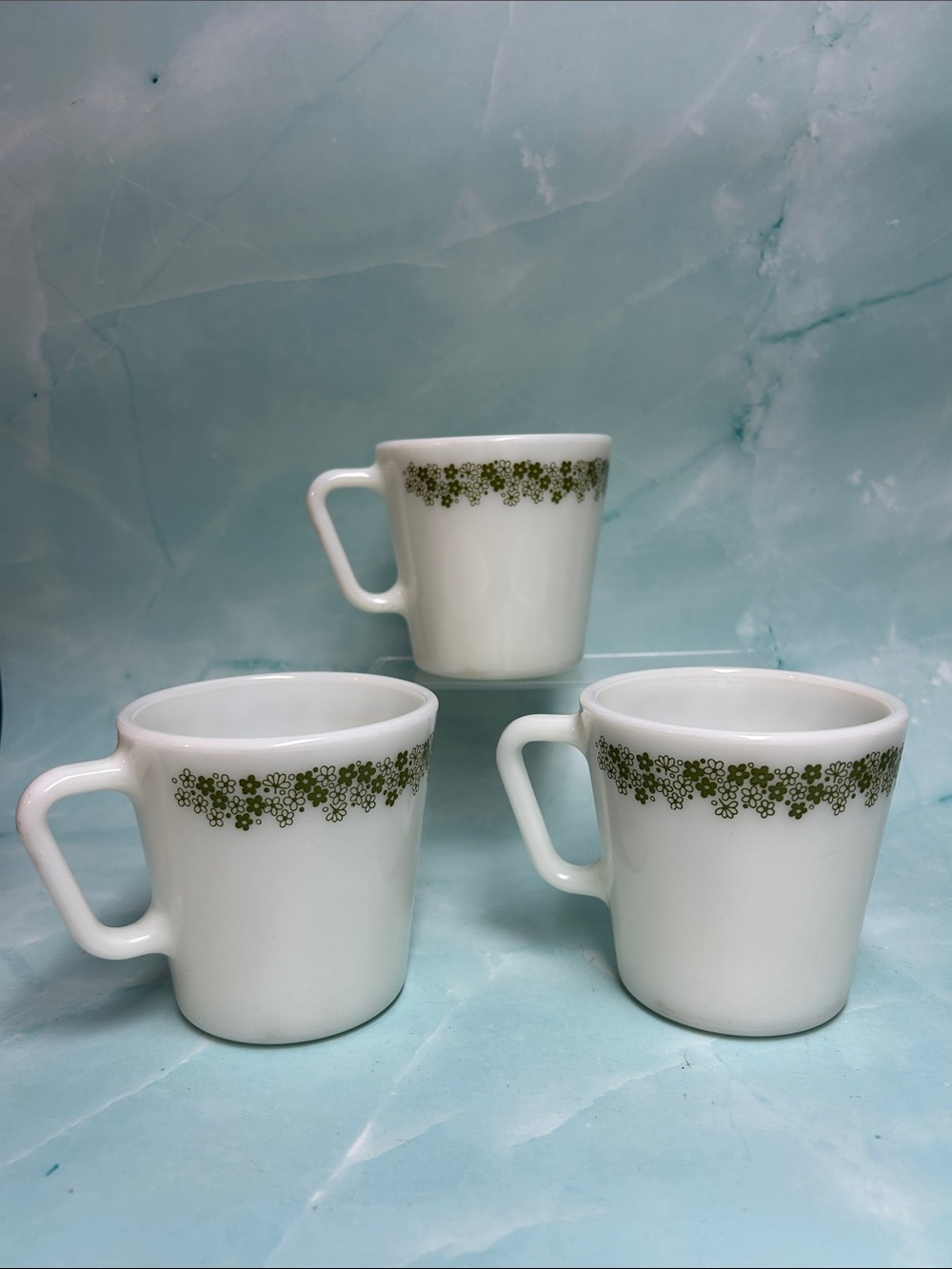 Vintage Pyrex CRAZY DAISY Spring Blossom D-HANDLE Set of 3 COFFEE MUGS Cups USA